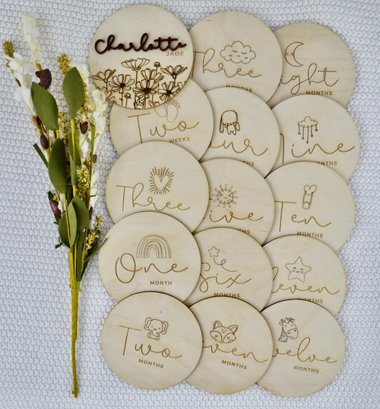 Wooden Monthly Baby Milestone Cards | Baby Shower Gift | Engraved Wood Discs | Modern Baby Photo Props