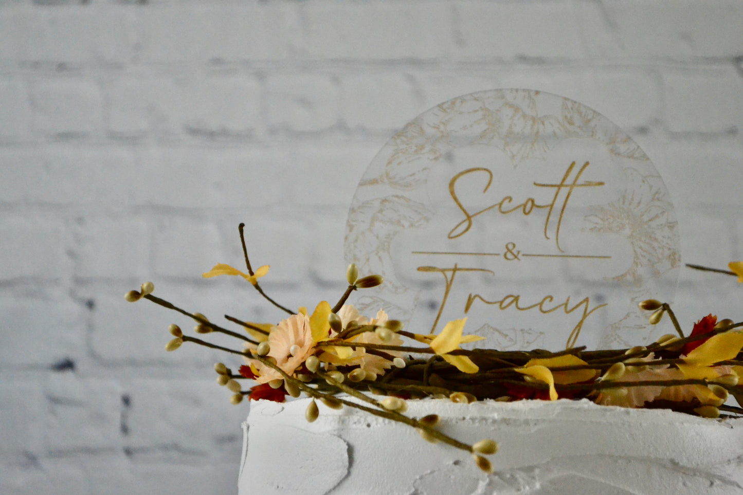 Personalized Clear Acrylic Wedding Cake Topper | Anniversary Cake Topper | Intricate Floral Detail | Minimalist | Vow Renewal Topper