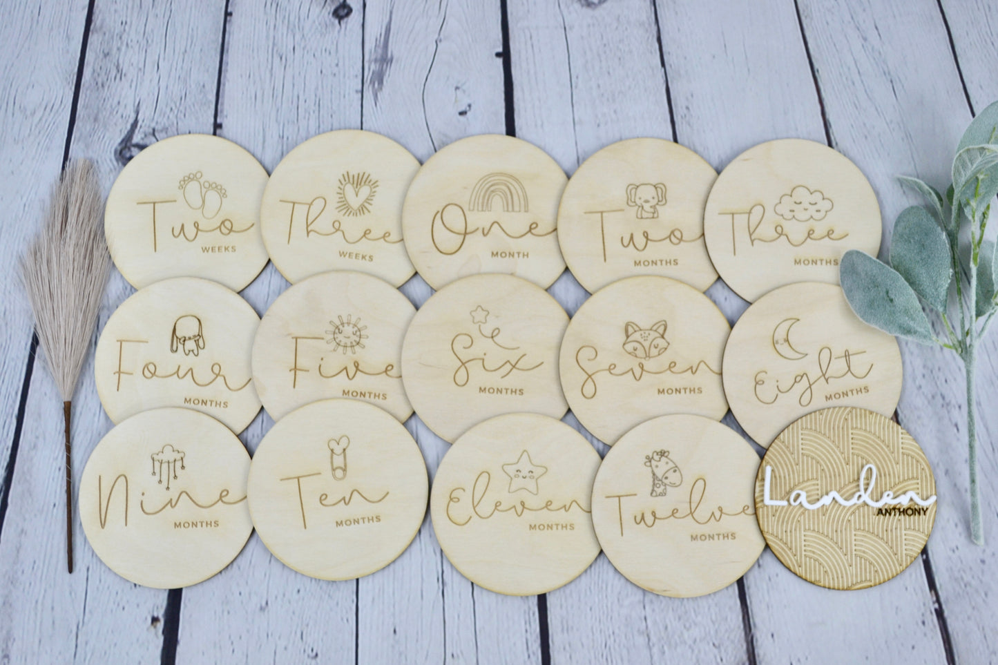 Wooden Monthly Baby Milestone Cards | Baby Shower Gift | Engraved Wood Discs | Modern Baby Photo Props