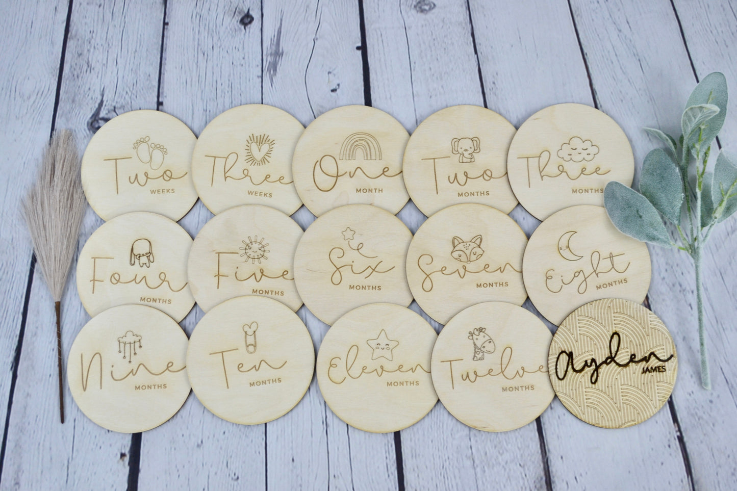 Wooden Monthly Baby Milestone Cards | Baby Shower Gift | Engraved Wood Discs | Modern Baby Photo Props