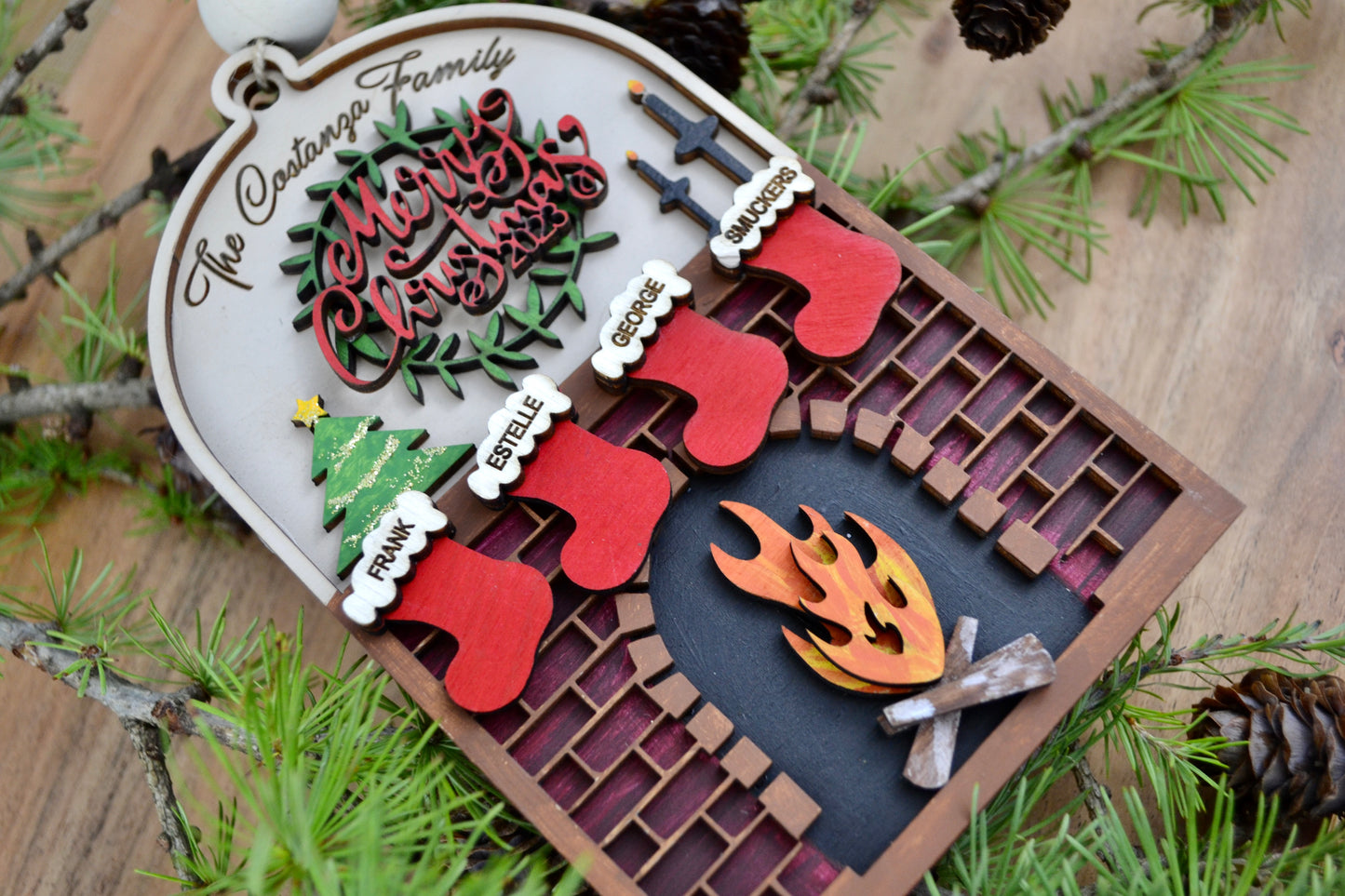 Personalized Christmas Family Name Fireplace Ornament | Laser Engraved Ornament | Christmas Keepsake Ornament | Holiday Gift
