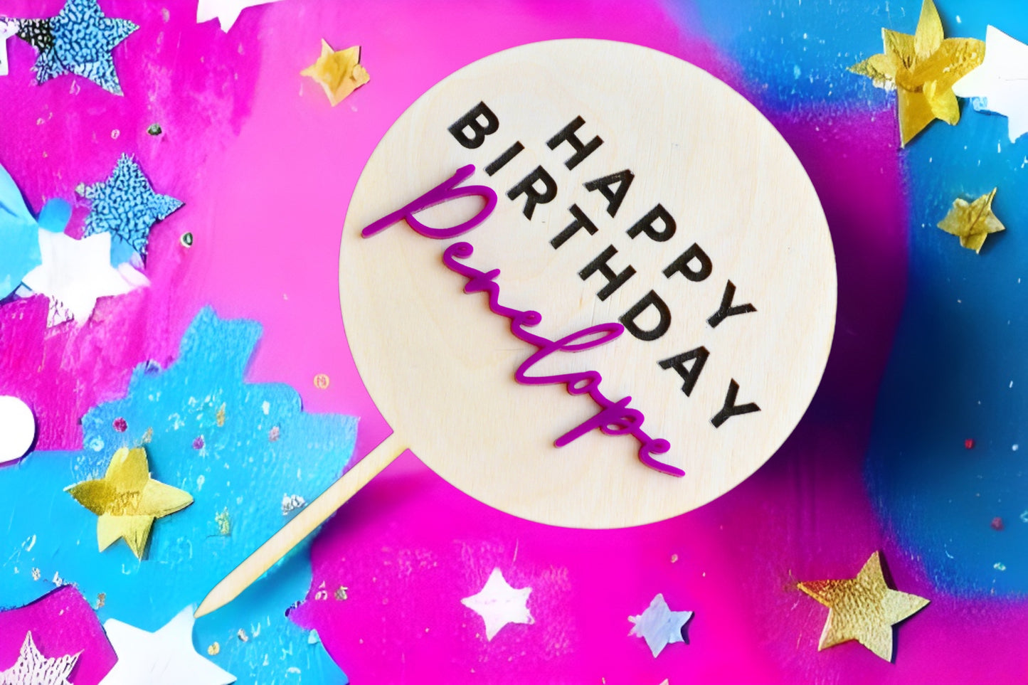 Personalized Wood Acrylic Birthday Cake Topper | Name Cake Topper | Happy Birthday Round Disc Topper