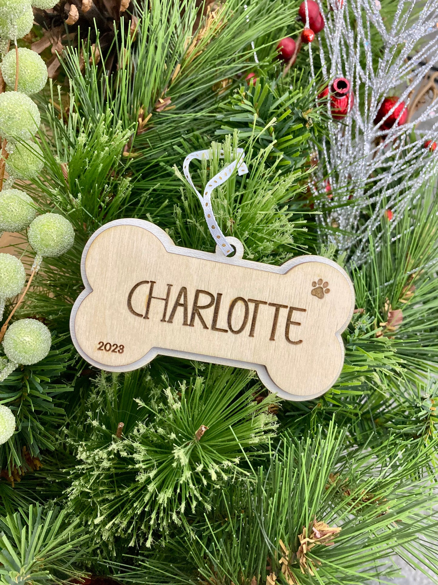 Personalized Dog Bone Ornament | Laser Engraved Wood | Dog Ornament | Christmas Keepsake Ornament | Holiday Gift