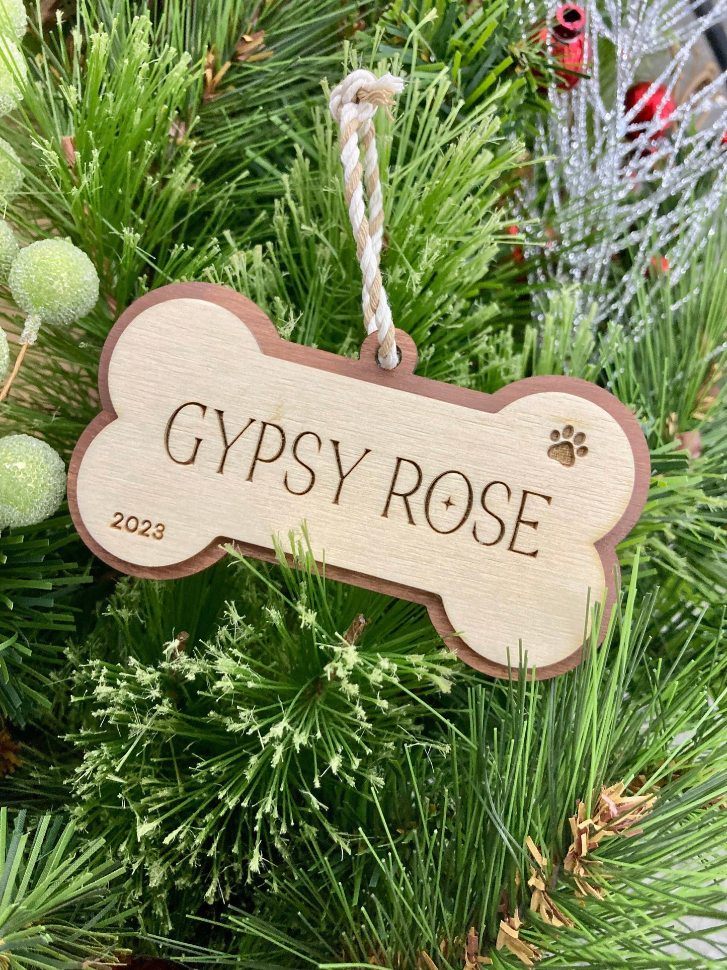 Personalized Dog Bone Ornament | Laser Engraved Wood | Dog Ornament | Christmas Keepsake Ornament | Holiday Gift