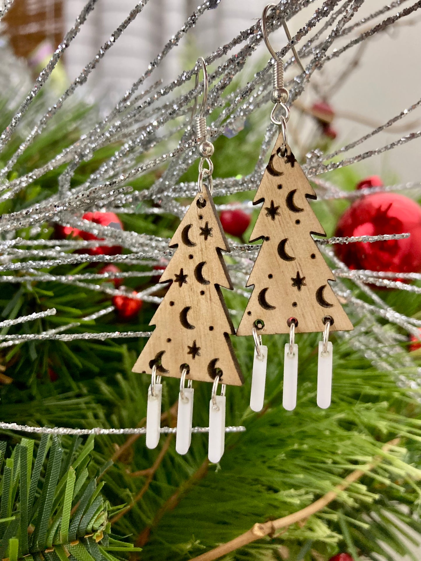 Celestial Christmas Tree Earrings | Boho | Laser Engraved Jewelry | Wooden Earrings | Moon and Stars