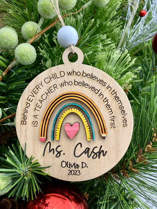 Personalized Teacher Ornament | Laser Engraved Wood Ornament | Teacher Appreciation Gift | Rainbow Teacher Gift | Christmas Keepsake Ornament | Holiday Gift