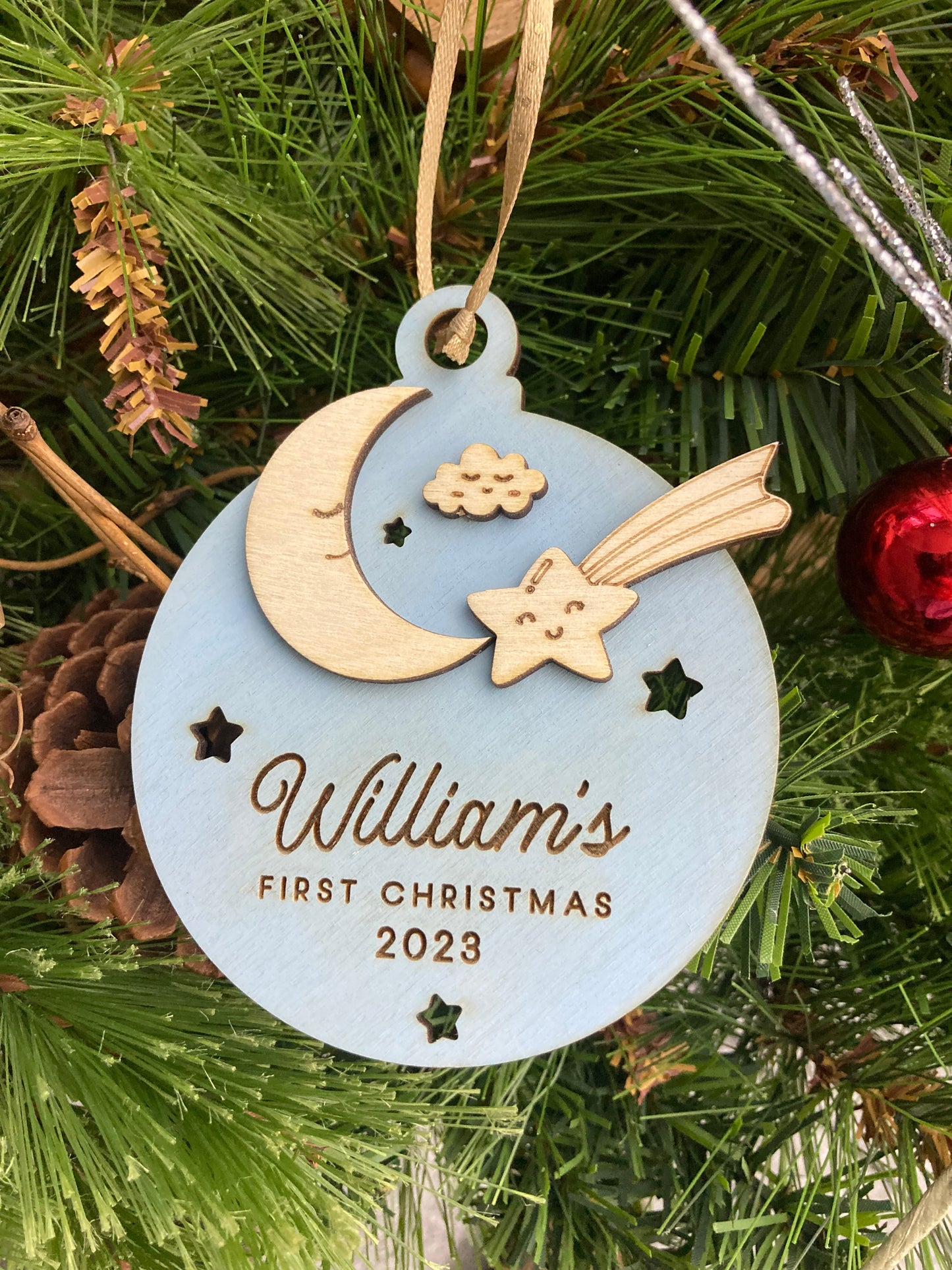 Personalized Baby's First Christmas Ornament | Laser Engraved Wood Ornament | Nursery Gift | Moon and Stars | Christmas Keepsake Ornament | Holiday Gift