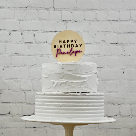Personalized Wood Acrylic Birthday Cake Topper | Name Cake Topper | Happy Birthday Round Disc Topper