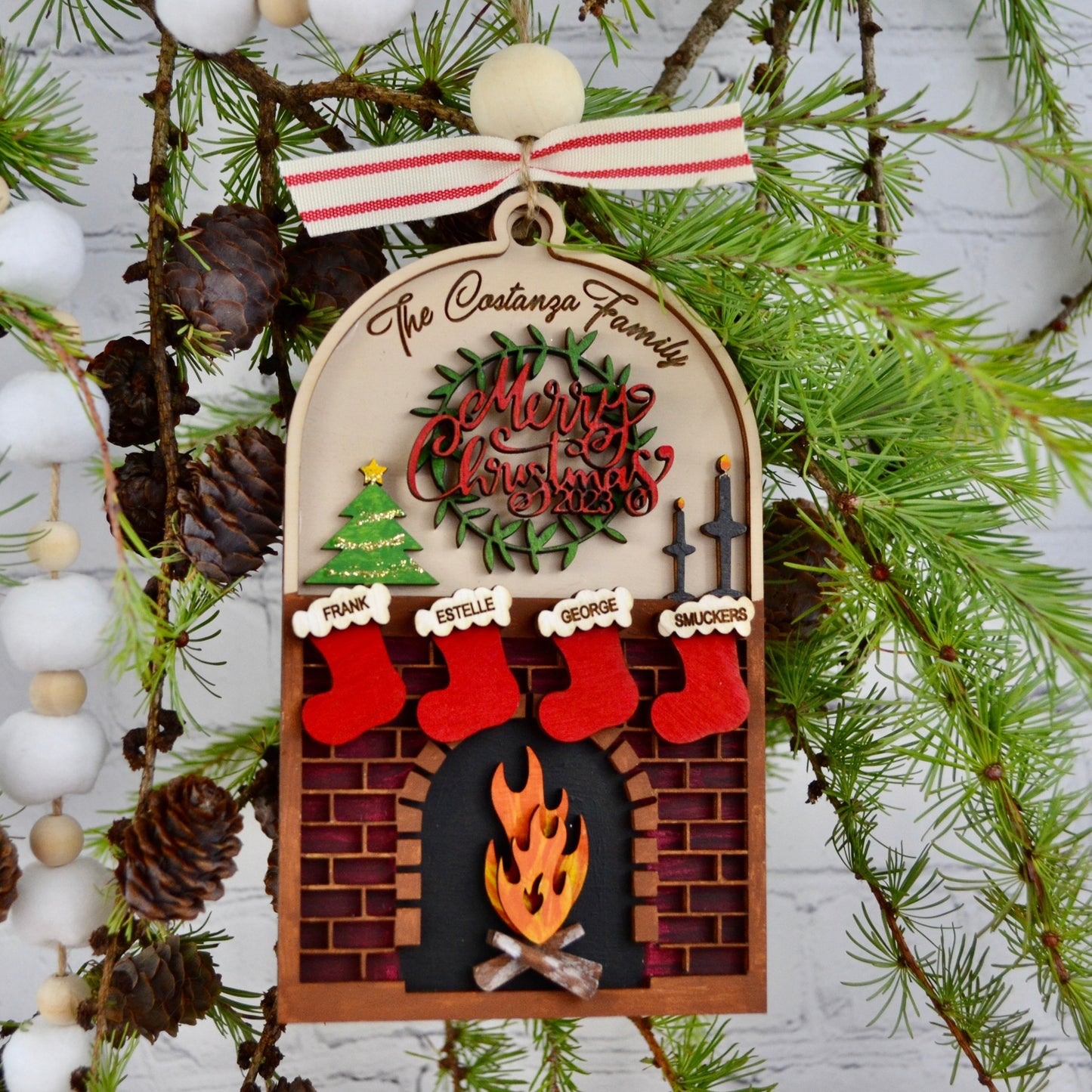 Personalized Christmas Family Name Fireplace Ornament | Laser Engraved Ornament | Christmas Keepsake Ornament | Holiday Gift