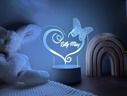 Personalized Acrylic Heart and Butterfly Night Light | LED Night Light | Nursery | Kids Room | Baby Shower Gift