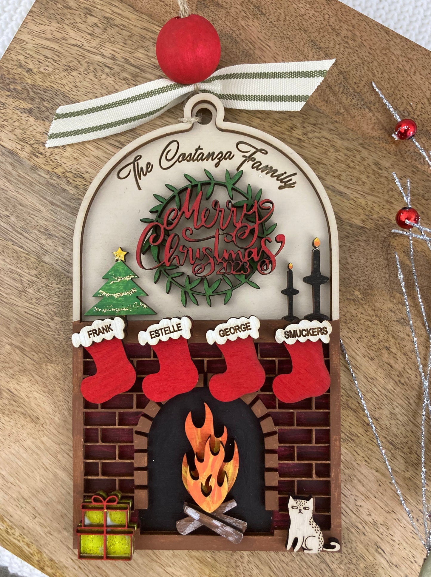 Personalized Christmas Family Name Fireplace Ornament | Laser Engraved Ornament | Christmas Keepsake Ornament | Holiday Gift