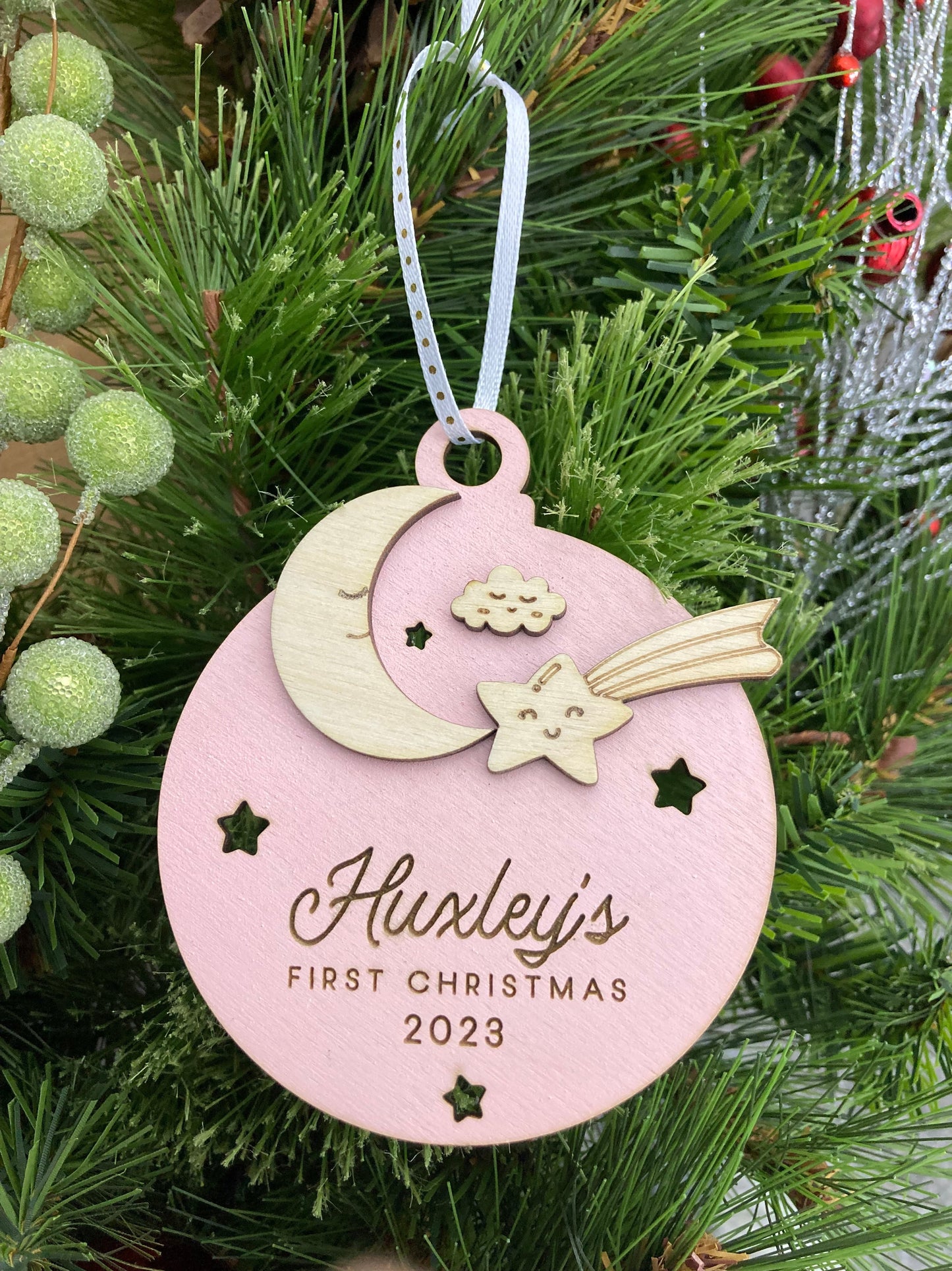 Personalized Baby's First Christmas Ornament | Laser Engraved Wood Ornament | Nursery Gift | Moon and Stars | Christmas Keepsake Ornament | Holiday Gift
