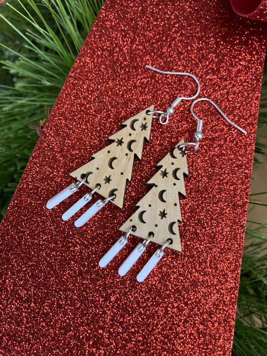 Celestial Christmas Tree Earrings | Boho | Laser Engraved Jewelry | Wooden Earrings | Moon and Stars