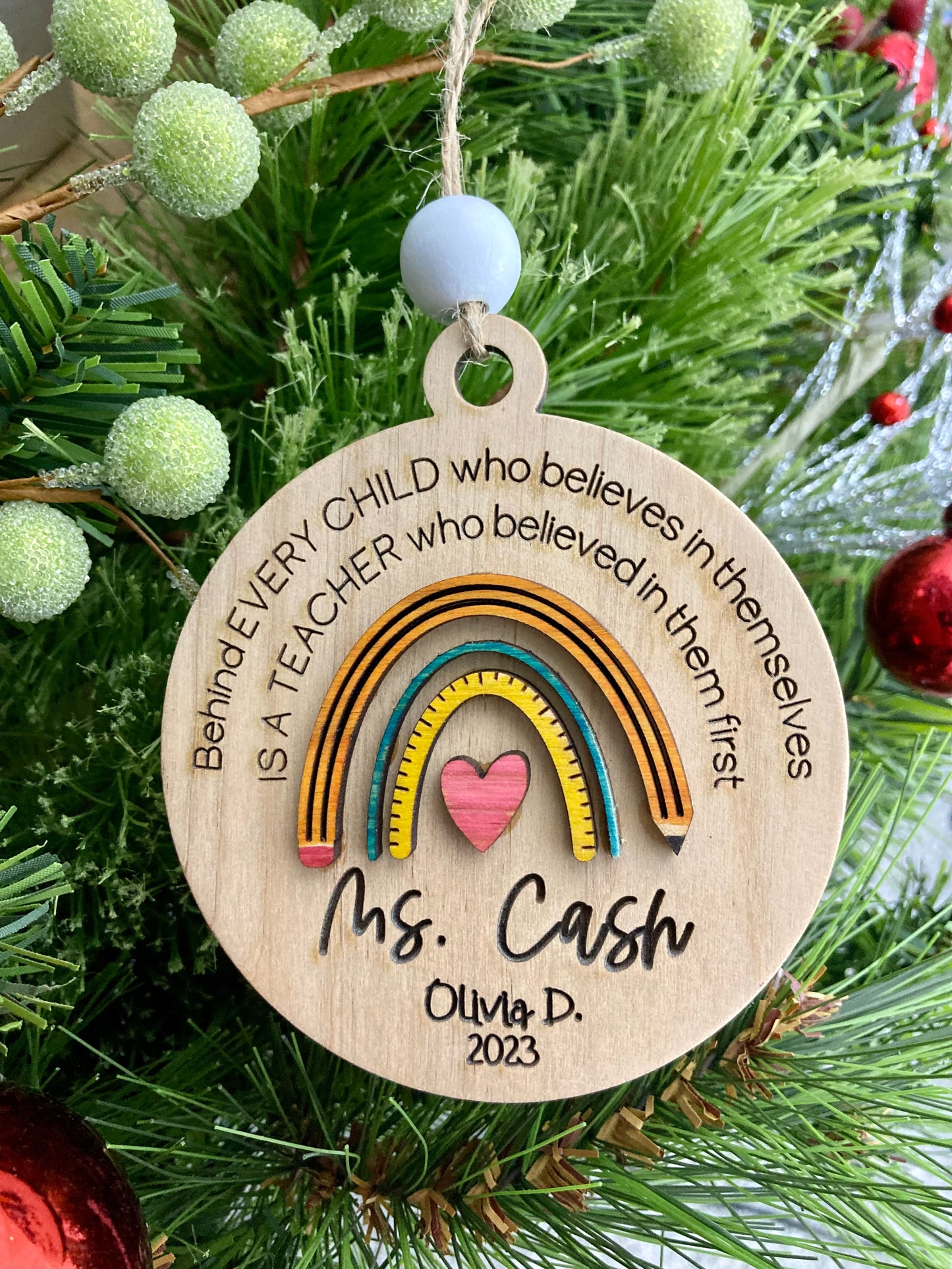 Personalized Teacher Ornament | Laser Engraved Wood Ornament | Teacher Appreciation Gift | Rainbow Teacher Gift | Christmas Keepsake Ornament | Holiday Gift